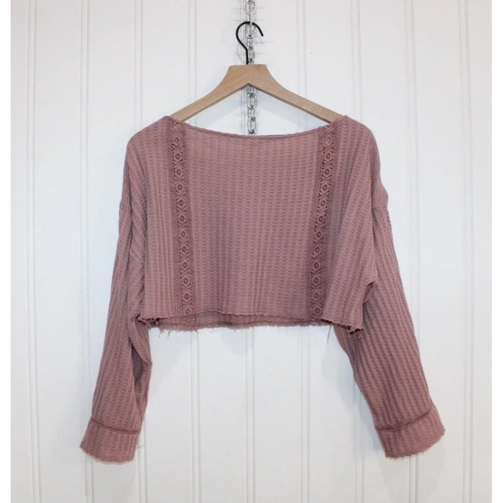Free People Womens Waffle Knit Lace Crop Top Pink Boho‎ Long Sleeve Textured S